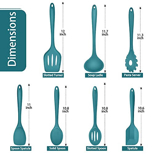 P&P CHEF Blue Kitchen Utensils, Silicone Cooking Utensil Set of 7 | Soft Spatula for Nonstick Cookware, Slotted Turner, Soup Ladle, Pasta Server, Spoon for Cooking, Dishwasher Safe & Heat Proof - color: Blue
