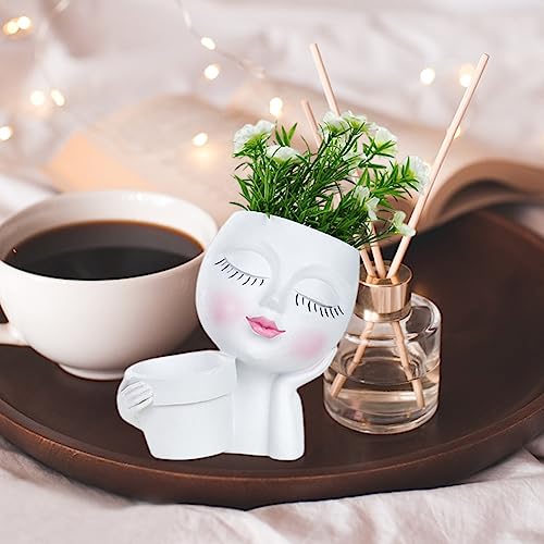 Face Planter Pot, Lady Head Planter with Drainage Holes, White | Dual-compartment lady head planter with drainage holes for succulents, cactus, and air plants - color: White