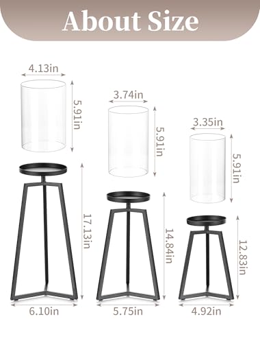 Sziqiqi Pillar Candle Holders Black: Set of 3 Metal Candleholder - Geometric Candle Stands with Hurricane Glass for Indoor Outdoor Dining Table Decor