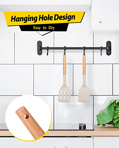 Pack of 2 Silicone Cooking Spatula, Heat Resistant Solid Turner, Non Stick Slotted Spatulas with Wooden Short Handle,Ideal Wood Kitchen Utensils Set for Frying, Baking, Flipping, Turning - color: Khaki
