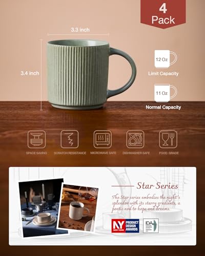 famiware Coffee Mug Set of 4, Star 12 oz Ceramic Mugs Cups Set with Handle | Stoneware Stackable Catering Cup for Coffee, Tea, Cappuccino, Latte, Microwave & Dishwasher Safe, Matte Green - color: Star-Matte Green, size: 4 Count (Pack of 1)