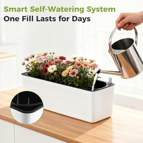 2 Pack Rectangular Planter 15.6 x 5.4 in Self Watering Planter Window Sill Planters Indoor Rectangle Plant Pot Self Watering Pots Plastic Plant pots with Drainage Holes Black Flower Pot - color: White
