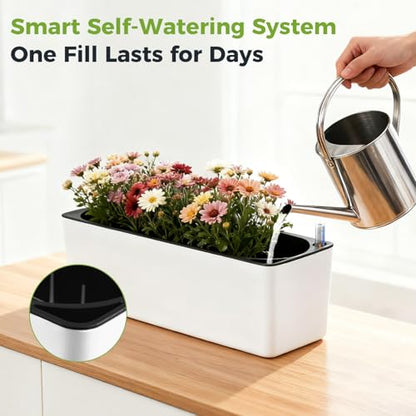2 Pack Rectangular Planter 15.6 x 5.4 in Self Watering Planter Window Sill Planters Indoor Rectangle Plant Pot Self Watering Pots Plastic Plant pots with Drainage Holes Black Flower Pot - color: White
