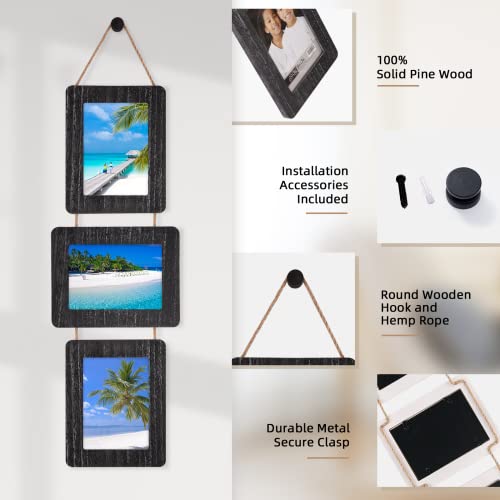 5x7 Collage Picture Frame, 3 Opening, Rustic Wood, Weathered Black | Wall-Mounted Hanging Design, Displays 4x6 Photos with Mat or 5x7 Photos Without Mat, Three-Opening Layout - color: Weathered Black, size: 3 Opening