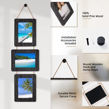 5x7 Collage Picture Frame, 3 Opening, Rustic Wood, Weathered Black | Wall-Mounted Hanging Design, Displays 4x6 Photos with Mat or 5x7 Photos Without Mat, Three-Opening Layout - color: Weathered Black, size: 3 Opening