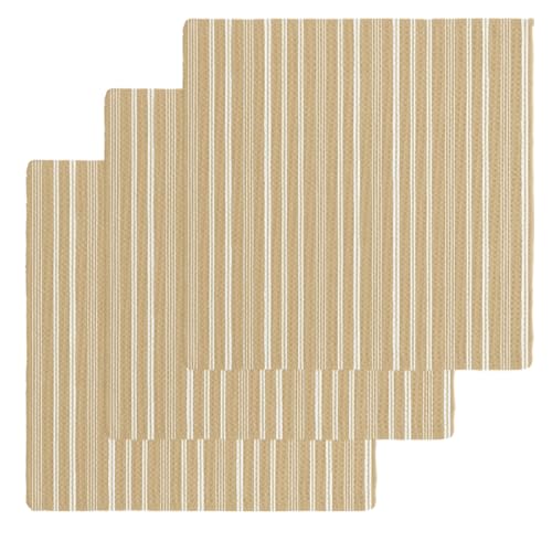 Brown Beige Striped Dish Towels Set, Waffle Weave Kitchen Towels 3 Pieces, Farmhouse Stripes Modern Vintage Microfiber Hair Face Bath Tea Towel Absorbent Quick Drying Cleaning Dish Cloths, 12"x12" - color: Beige, Sand, White, size: 3PCS,12"x12"