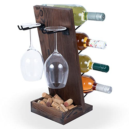 Rueda Tabletop Wine Rack for 4 Bottles with 2 Stemware Glass Holder and Cork Storage Countertop Tray Freestanding Bar Organizer, Walnut