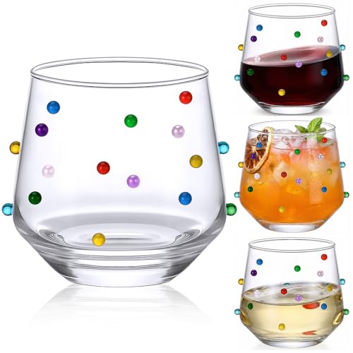 4 Pack 3D Colorful Dots Stemless Wine Glasses Confetti Double Old Fashioned Drinking Glasses 12.5 oz Vibrant Stemless Wine Cups for Whiskey Cocktail Water Juice Summer Party Supplies Gift