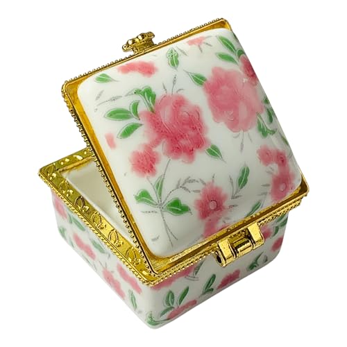 Tiny Square Porcelain Trinket Box | Pink Cabbage Roses | French Style Gift Box with Velvet Bag - style: Pink Cabbage Roses Square