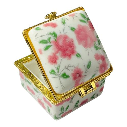 Tiny Square Porcelain Trinket Box | Pink Cabbage Roses | French Style Gift Box with Velvet Bag - style: Pink Cabbage Roses Square