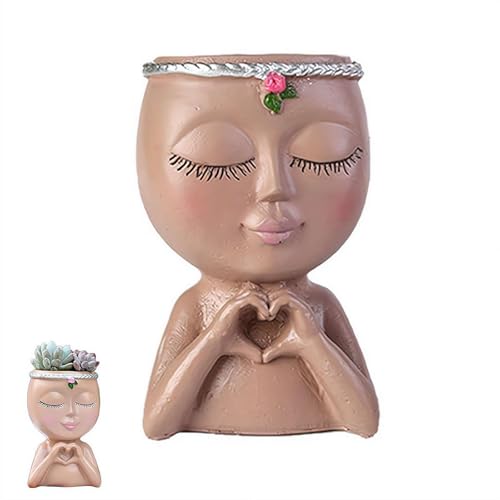 Face Planter Pot with Heart Hands,Unique Resin Head Planter for Indoor Plants Cute S-ucculent Pots with Drainage Hole Unique Decorative Pot for Garden Home Balcony Decor Gift for Women - color: Coffee