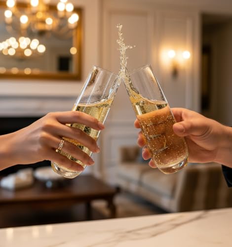 Melin Set of 6 Stemless Champagne Flutes – 10oz Lead-Free Crystal Glasses for Champagne, Prosecco & Mimosas – Dishwasher Safe, No-Tip Base, Premium Barware Gift for Entertaining