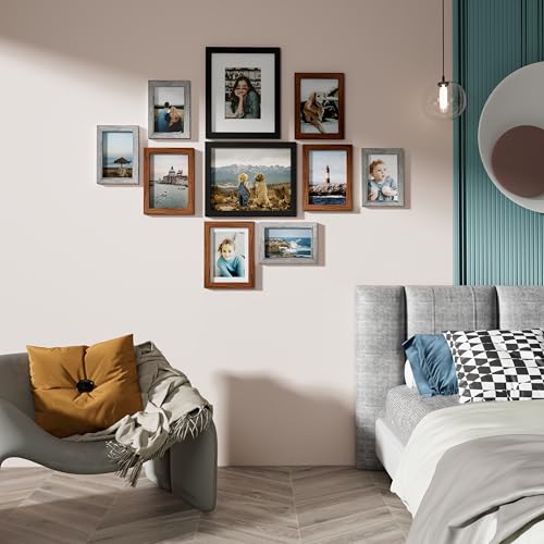 Vittanly 10 Pack Gallery Wall Frame Set, Black, Walnut Brown, Grey | Gallery Wall Frame Set: 2pcs 8x10, 4pcs 5x7 & 4pcs 4x6 Photos for Wall & Table, Picture Frames made of Engineered Wood - color: Black & Walnut Brown & Grey