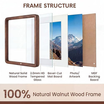 Acovy 18x24in Picture Frame, Natural Solid Walnut | Handcrafted Wooden Photo Frame, Dual Use for Wall Mount, Matted to Fit 16"x20" Photos, HD Tempered Glass - color: Walnut, size: 18x24in