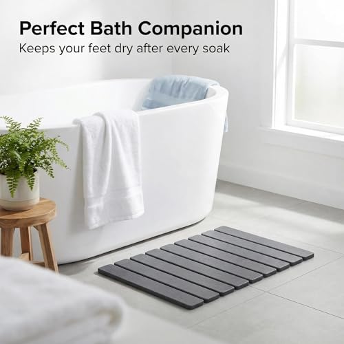 Foldable Stone Bath Mat, Quick-Dry Non-Slip Diatomaceous Earth Mat, Space-Saving Absorbent Shower Mat for Bathroom, Non-Slip Rubber Base,Easy to Clean, 23.6" x 15.5" Grey