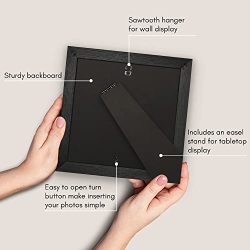 Americanflat 8x8 Picture Frame - Matted to 4x4 - Engineered Wood - Black | Shatter-resistant glass, wall or tabletop display with included easel, sawtooth hangers included, secure turn-tab backing - color: Black, size: 8x8 with 4x4 Mat