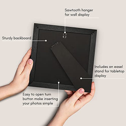 Americanflat 8x8 Picture Frame - Matted to 4x4 - Engineered Wood - Black | Shatter-resistant glass, wall or tabletop display with included easel, sawtooth hangers included, secure turn-tab backing - color: Black, size: 8x8 with 4x4 Mat