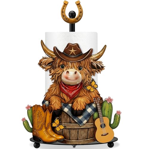 Western Cowboy Highland Cow Paper Towel Holder Cowboy Kitchen Bathroom Decor Farmhouse Metal Highland Cow Western Towel Holder Stand with Round Base for Home Countertop Toilet Accessories - style: Cowboy