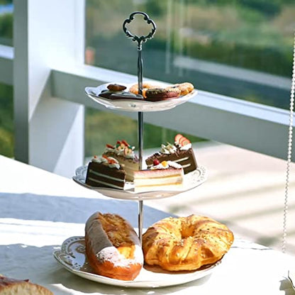 3-Tier Porcelain Cupcake Stand Serving Tray - White Embossed Elegant Dessert Cake Stand - Pastry Serving Stand for Tea Party, Wedding and Birthday