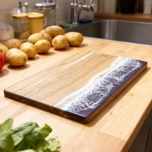 Charcuterie Acacia Wood Resin Spliced Board Resin Wave Pattern Cutting Board Cheese Meat Vegetable Steak Cutting Boards Serving Board (Blue) - color: Blue
