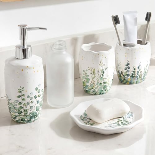 Sage Bathroom Accessories Set 4 Piece, Ceramic Soap Dispenser with Pump, Toothbrush Holder, Tumbler Cup & Soap Dish, Botanical Greenery Countertop Decor, White with Gold Speckles - style: Sage
