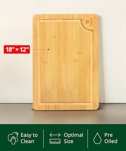 ROYAL CRAFT WOOD Bamboo Cutting Board | with Juice Groove - Kitchen Chopping Board for Meat Cheese and Vegetables, Heavy Duty Serving Tray - color: Natural, size: 18"L x 12"W