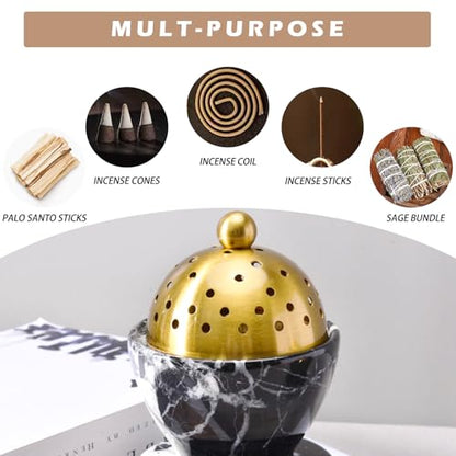 Sissi & yaya Marble Incense Burner with Brass Lid, 10 x 13.5 cm, Meditation and Spa Decor (Green) - color: Green