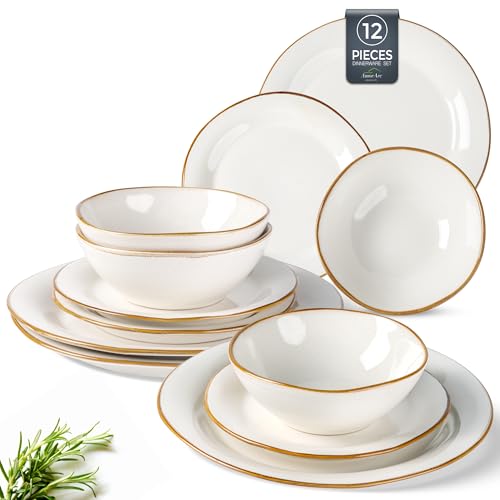 AmorArc Ceramic Dinnerware Sets for 4, Handmade Plates and Bowls Sets | Stoneware Reactive Glaze Dish Set, Scratch Resistant, Dishware Set for Kitchen Wedding, Dishwasher & Microwave Safe - color: Reactive White
