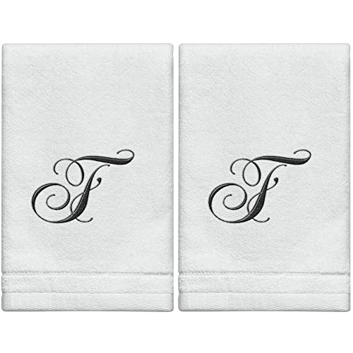 Monogrammed Towels Fingertip, Personalized Gift, 11 x 18 Inches - Set of 2- Black Embroidered Towel - Extra Absorbent 100% Cotton- Soft Velour Finish - For Bathroom/ Kitchen/ Spa- Initial F (White) - color: F