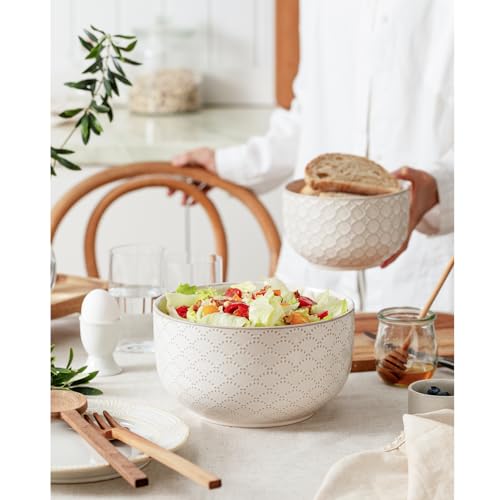 Mikiegy Ceramic Mixing Bowls Set of 2, Nesting Ceramic Embossment Stoneware Mixing Bowls for Cooking, Serving, Popcorn, Salad etc, Microwave & Dishwasher Safe, 44/98 oz, Off-White - size: 44&98 oz