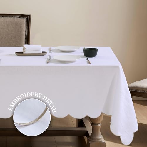 100% Pure Linen Scalloped Embroidery Rectangle Tablecloths 84Lx60W Inch for Dinners, Parties, Spring, Easter, Machine Washable, 6-8 Sets, 60''x84'', White(Edges-Gold) - color: White(edges-gold), size: 84" x 60" (Rectangular)