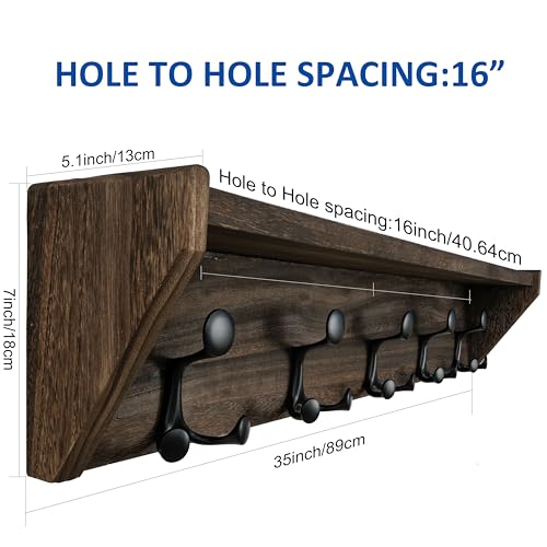 WEBI Wall Shelf with Hooks Underneath,35" Long Wall Mounted Coat Rack with Shelf,Entryway Coat Rack with 5 Triple Hooks for Hanging Coats,Jacket,Hallway,Bedroom,Mudroom,Weathered Brown - color: Weathered Brown, size: 35 Inch