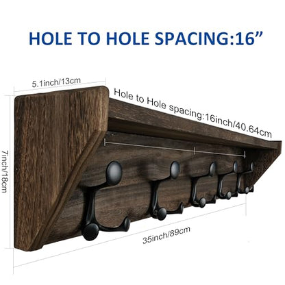 WEBI Wall Shelf with Hooks Underneath,35" Long Wall Mounted Coat Rack with Shelf,Entryway Coat Rack with 5 Triple Hooks for Hanging Coats,Jacket,Hallway,Bedroom,Mudroom,Weathered Brown - color: Weathered Brown, size: 35 Inch