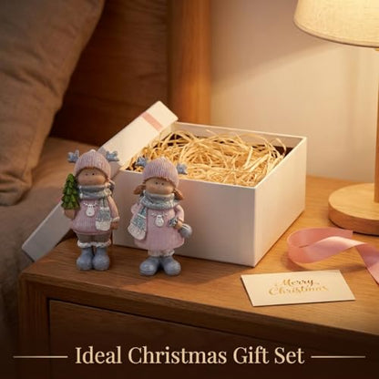 Christmas Home Decor Set of 2 Resin Mini Sculptures with Reindeer Hats, Cute Female Themed Winter Ornaments for Mantel, Tiered Tray & Indoor Tabletop Christmas Decor
