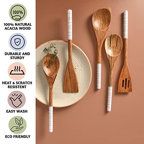 Folkulture Wooden Spoons for Cooking,Kitchen Utensils Set of 5(12") | Smooth Finish, Soft, Comfort, Durable, Non Toxic, Non Stick, Acacia Wooden Spoons, Cooking Gifts for Women,Kitchen Essentials - color: White Check