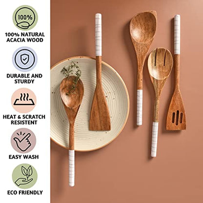 Folkulture Wooden Spoons for Cooking,Kitchen Utensils Set of 5(12") | Smooth Finish, Soft, Comfort, Durable, Non Toxic, Non Stick, Acacia Wooden Spoons, Cooking Gifts for Women,Kitchen Essentials - color: White Check