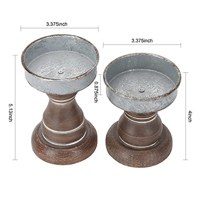 GenMous&Co. Decorative Candle Holders Pedestal Rustic Wood for Pillar Candle Farmhouse Candlestick Holder Galvanized Plate for Mantel, Dining Table, Centerpiece,Coffee Bar,Set of 2（Brown