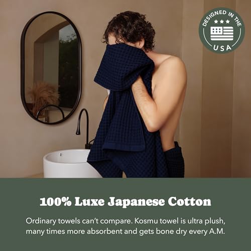 Luxury Organic Japanese Cotton Waffle Bath Towel | Thick, Absorbent, Quick Dry Bathroom Towels for Shower, Sauna, Onsen| Hotel & Spa Quality, Gift-Ready (Ocean Blue, Bath Towel Set (3-Piece)) - color: Ocean Blue, style: Bath Towel Set (3-piece)