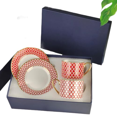 Coffee Cup and Saucer Set – Elegant Royal Blue Star Bone China Gold-Trimmed Tea Cup, Luxurious Metallic Accent Ceramic Cup (Red,2 Cups + 2 Saucers,Art Deco) - color: Red