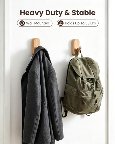 Wooden Wall Hooks for Hanging - 4 Pack Heavy Duty Coat Hooks Wall Mount- Solid Natural Wood Hat, Bag, Backpack & Towel Hooks - Modern Key Holder for Bathroom & Entryway (Beech) - color: Beech