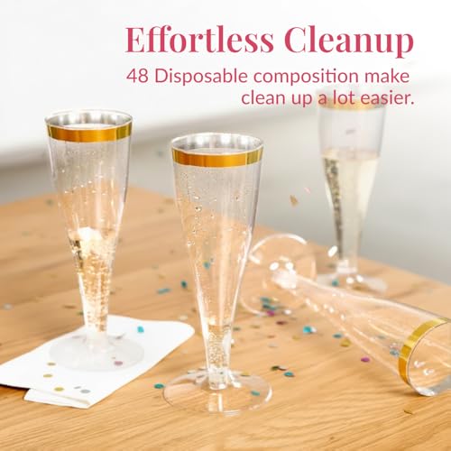 Prestee 48 Disposable Plastic Champagne Flutes With Gold Rim Glitter - Clear Toasting Glasses for Mimosa, New Year’s Eve Party, and Elegant Celebrations - Premium Quality Disposable Stemware - color: Gold Rimmed, size: 48 Count (Pack of 1)