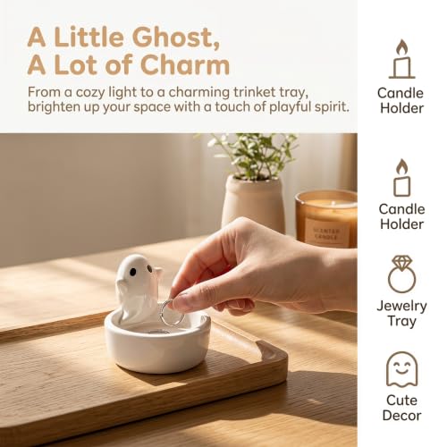 Ceramic Ghost Tealight Candle Holder, Cute Spooky Room Decor for Desk and Nightstand, Kawaii Witchy Aesthetic Small Votive Stand