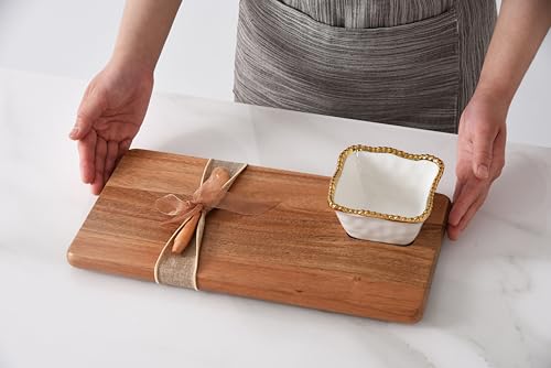 Pampa Bay Acacia Charcuterie Board with Porcelain White & Gold Dipping Bowl and Wood Spreader - color: White and Gold