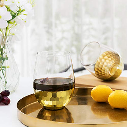 MyGift Modern Stemless Champagne Flute Glass Set of 4 Party Drinkware, Cocktails Prosecco Mimosa Glasses with Hammered Brass Plated Bottoms (Brass-Short) - color: Brass-Short