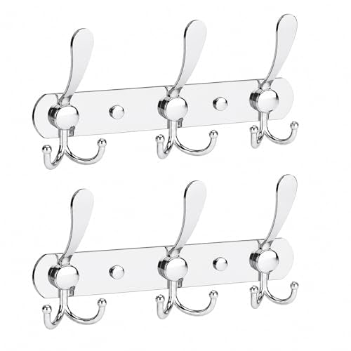 YUNISS Coat Rack Wall Mounted，5 Tri Stainless Steel Coat Hook for Coat Hat Robes Towel in Mudroom Entryway (Sliver, 2 Pack 3 Hook) - color: Sliver, size: 2 Pack 3 Hook