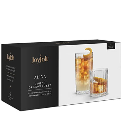 JoyJolt Drinking Glasses Set of 8, Alina Ribbed Glassware. 12oz Rocks Glass and 14oz Highball Glass set. Cocktail Glasses, Iced Coffee Cup or Water cups. Heavy Base Glassware Set - style: Fluted Glasses