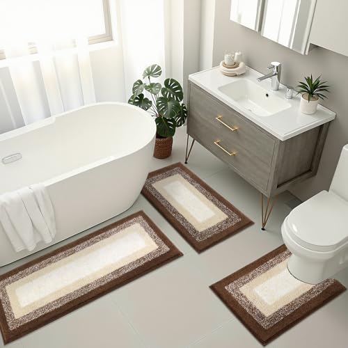 Bsmathom Bathroom Rug Sets 3 Piece, Non Slip Washable Bath Mats, Dark Coffee - color: Dark Coffee, size: 18"x26"+18"x48"+U Shape 20"x24"