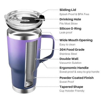 20 oz Tumbler with Handle, Stainless Steel Insulated Tumbler with Lid and Straw, Double Wall Vacuum Coffee Mug Tumbler, Insulated Coffee Thermal Cup for Cold and Hot (Purple Navy blue, 20, ounces) - color: Purple Navy blue, size: 20 Ounces