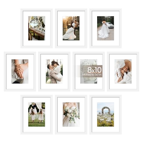 upsimples 8x10 Picture Frame Set of 10, Display Pictures 5x7 with Mat or 8x10 Without, Multi Photo Frames Collage for Wall or Tabletop Display, White | Fit 5x7 and 8 x 10 Photos, Wall or Tabletop Display, For Gallery Hallway Living Room, For Christmas Wed