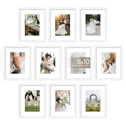 upsimples 8x10 Picture Frame Set of 10, Display Pictures 5x7 with Mat or 8x10 Without, Multi Photo Frames Collage for Wall or Tabletop Display, White | Fit 5x7 and 8 x 10 Photos, Wall or Tabletop Display, For Gallery Hallway Living Room, For Christmas Wed